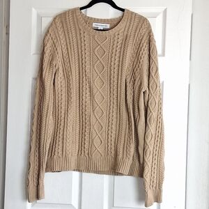 Amazon Essentials Tan Cable Knit Crewneck Fisherman 100% Cotton Sweater